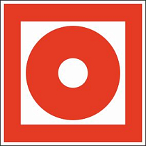 F10 Кнопка включения средств и (систем) пожарной автоматики. 150x150. Оцинкованный металл 05мм. Плёнка самоклеящаяся фотолюминесцентная.